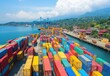 © ANUAR - Aerial View of Colorful Container Ship Docked at Vibrant Port with Lush Greenery and Blue Waters in the Background Under a Bright Sky