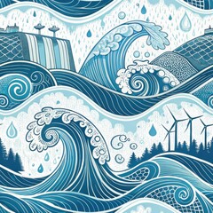 Wall Mural - Seamless Ocean Waves Pattern Blue Water Windmills Waterfall Nature Illustration