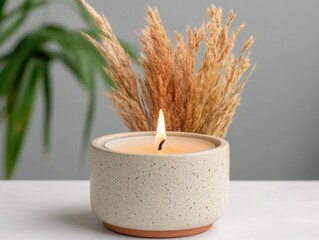 Beautifully arranged natural candle in a speckled ceramic holder, enhanced with elegant dried pampas grass in a soft, serene setting for peaceful ambiance