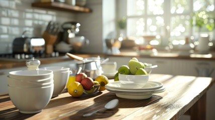 Wall Mural - bright kitchen scene featuring bowls, fruits, and utensils on wooden table, creating warm and inviting atmosphere. sunlight enhances freshness of apples and lemons