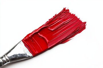 Close-up of paintbrush with red paint stroke on white background.