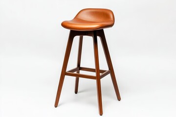 Brown leather bar stool on wooden legs against white background.