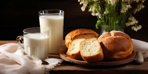 Sticker - Freshly Baked Buns and Glasses of Milk on a White Napkin