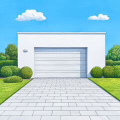 Poster - modern garage with clean design, surrounded by greenery and blue sky