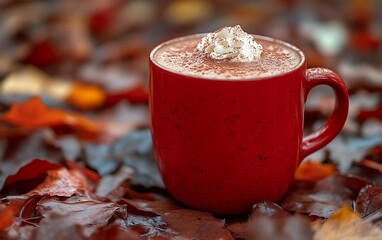 Red mug of hot chocolate with whipped cream on autumn leaves.