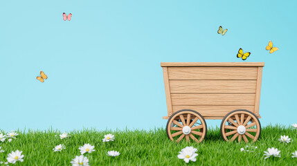 Poster - vintage wooden cart on green grass with butterflies and flowers