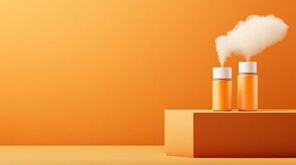 Poster - Bright orange bottles with vapor on geometric pedestal