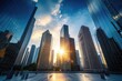 © fatman - Breathtaking cityscape showcasing modern skyscrapers reflecting the warm glow of the setting sun against a backdrop of vibrant clouds in an urban environment