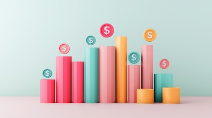 Wall Mural - A colorful bar graph representing financial growth, with dollar signs and coins indicating monetary value and progress.