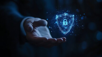 A business professional is holding their hand out technology security lock hologram icon