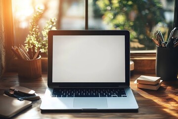 Close Up of Laptop with Blank Screen on Wooden Desk in Serene Workspace with Soft Morning Light