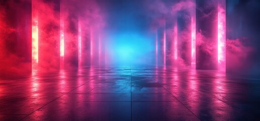 Poster - Futuristic Cyberpunk Landscape Neon Light Reflections in Wet Surface High Contrast Lighting