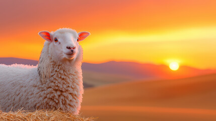 Poster - Fluffy sheep in golden sunset landscape with rolling hills