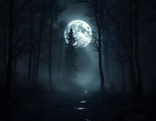 Wall Mural - Eerie Moonlight Forest Path Night Scene Wallpaper