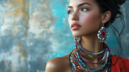 Elegant woman showcasing vibrant jewelry with intricate patterns and colors against a textured background for fashion or beauty themes