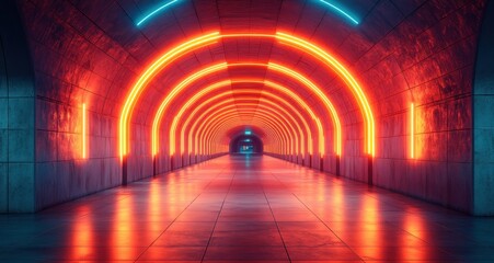 Poster - Futuristic Corridor with Glowing Orange Neon Lines and Reflections on Polished Concrete Floor in Cyberpunk Style