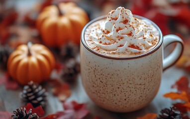 Pumpkin spice latte with whipped cream and autumn decor.