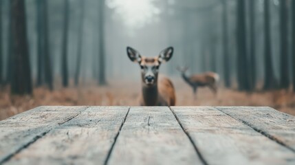 Poster - Deer looking at wooden table in misty forest