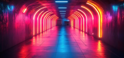 Poster - Futuristic Sci-Fi Corridor Tunnel Warehouse Garage Neon Lights Metallic Reflection Empty Space
