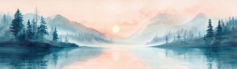Aufkleber - Pastel Watercolor Abstract Landscape with Dreamy Sunset Sky and Colorful Puffy Clouds