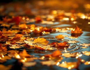 Wall Mural - Autumn Leaves Floating on Calm Water Sunset Scene