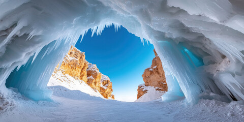Wall Mural - Winter Activities, Ice cave with icicles and a bright blue sky peeking through rocky formations, creating a stunning winter landscape.