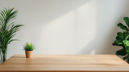 Poster - Empty wooden table with plants and natural light creating calm environment