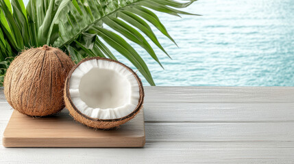 Wall Mural - Freshly opened coconut with water and meat on wooden board by sea