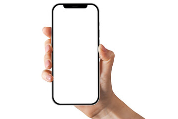 hand holding mobile phone screen mockup, using smartphone touchscreen, cellphone, phone isolated on 