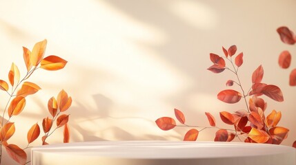 Wall Mural - Autumnal Product Display with White Platform and Orange Leaves