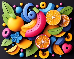 Colorful abstract fruit and floral composition.