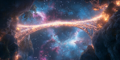 Canvas Print - Celestial Bridge: A breathtaking, otherworldly bridge of light and energy spans a cosmic chasm, connecting fantastical landscapes amidst a vibrant nebula.