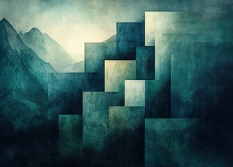 Poster - abstract geometric background in pastel blue and green with layered triangle shapes and textured pattern in modern watercolor design