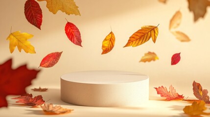 Wall Mural - Autumn Leaves Falling on Beige Podium