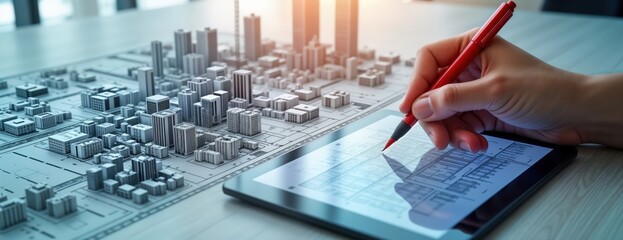 person uses tablet to plan new city with bim tech. digital model of city on blueprint. architect, en