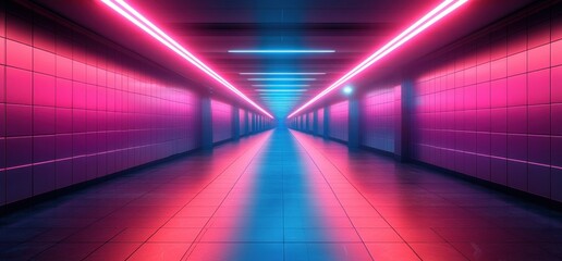 Poster - Cyberpunk Neon Corridor Futuristic Tunnel Electric Glow 3D Rendering