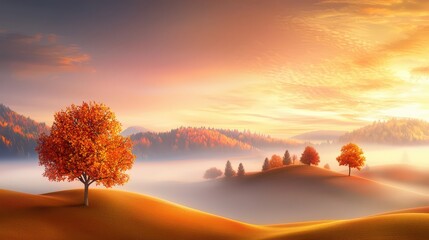 Wall Mural - a foggy autumn morning in the countryside with rolling hills, vibrant foliage, and a calm atmosphere