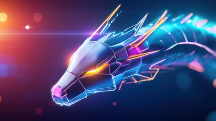 Poster - a futuristic cyber dragon composed of neon lights and sharp geometric forms.