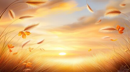 Wall Mural - A golden sunset over an autumn field, with tall grass swaying and leaves shimmering in warm tones.