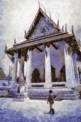 Wall Mural - Landscape of ancient Thai architecture Chalk paint Illustrations creates art style impressionism of painting.