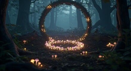 Wall Mural - a magical scene of tiny mushrooms glowing softly around a fairy ring under the moonlight.