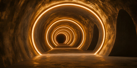 Poster - Golden Circle Tunnel: A captivating tunnel adorned with glowing neon circles, bathed in a warm yellow hue, creates a mesmerizing and otherworldly atmosphere.  