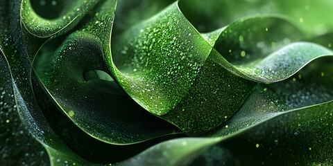 Sticker - Emerald Symphony:  A mesmerizing close-up shot captures the intricate textures and vibrant green hues of a lush, dew-kissed plant. The delicate droplets shimmer like tiny emeralds.