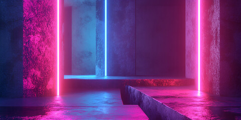 Wall Mural - Neon Glow: A vibrant and futuristic scene of glowing pink and blue neon lights illuminating a concrete structure, creating a dramatic and atmospheric backdrop.  