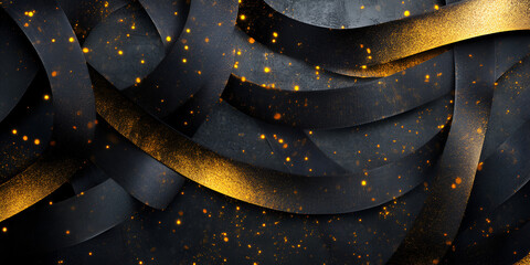 Black and Gold Abstract:  A dramatic abstract background with interwoven black ribbons and a splash of golden glitter, creating a luxurious and captivating visual effect. 