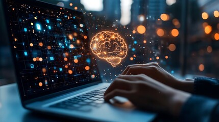 A business professional using an AI technology on human brain hologram