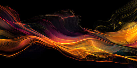 Wall Mural - Abstract Flow: A vibrant digital abstract artwork features swirling, luminous waves of red, orange, yellow, and purple against a dark background. The ethereal, flowing lines suggest movement, energy.