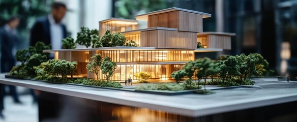 scale model of business complex on table with architects and developers discussing new real estate p