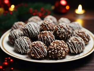 Wall Mural - Christmas Desserts with White Plates and Chocolate Balls 