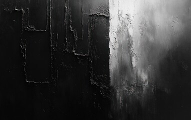 Poster - Textured Black and White Abstract Painting Background with Thick Brush Strokes and Shiny Silver Accents